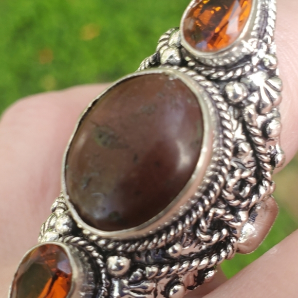 New Bloodstone & Golden Topaz Double Crescent Moon 925 Silver Statement Ring. - Picture 7 of 16